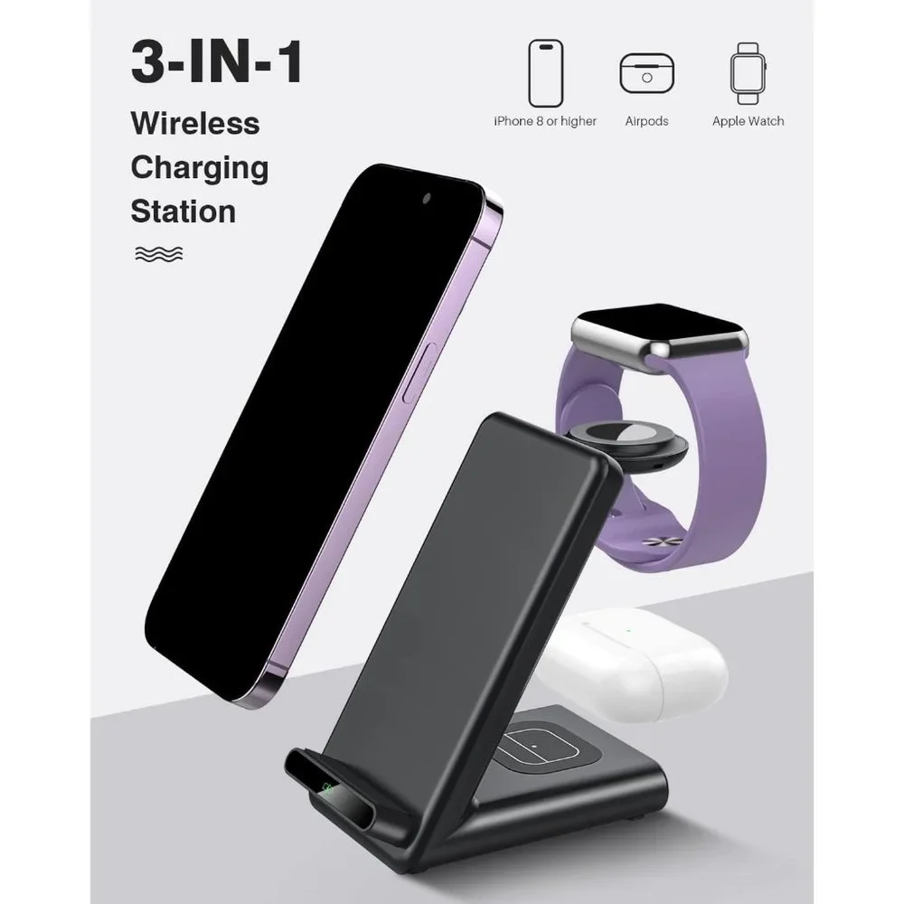 3 in1 Wireless Charging Station Made for Apple Watch iPhone AirPods with Adaptor